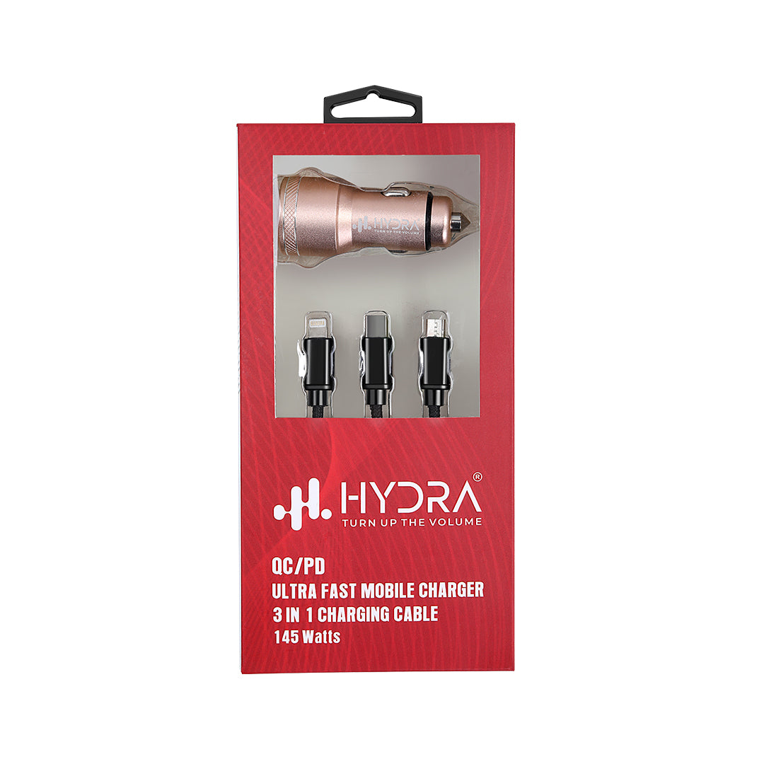 Hydra 145 W Qualcomm 3.0 Turbo Car Charger  (Gold, With USB Cable)